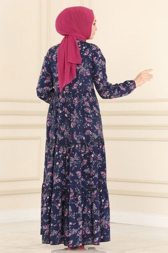 moda selvim Çiçek Desenli Viskon Elbise 1108BG354 Laci - Thumbnail