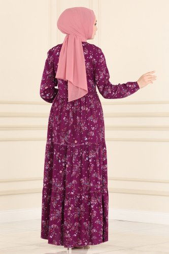 moda selvim Çiçek Desenli Viskon Elbise 1108BG354 Mürdüm - Thumbnail