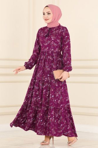 moda selvim Çiçek Desenli Viskon Elbise 1108BG354 Mürdüm - Thumbnail