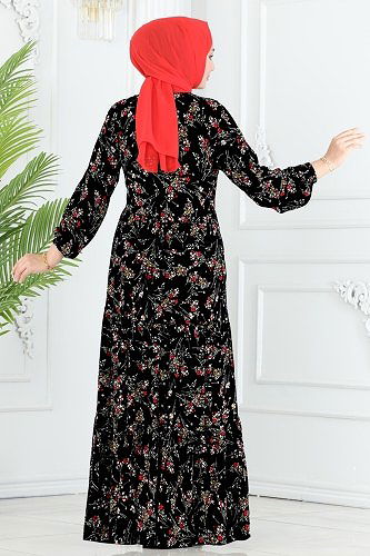 moda selvim Çiçek Desenli Viskon Elbise 1133BG354 Siyah - Thumbnail