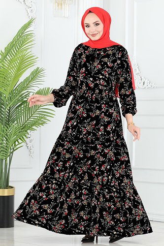 moda selvim Çiçek Desenli Viskon Elbise 1133BG354 Siyah - Thumbnail