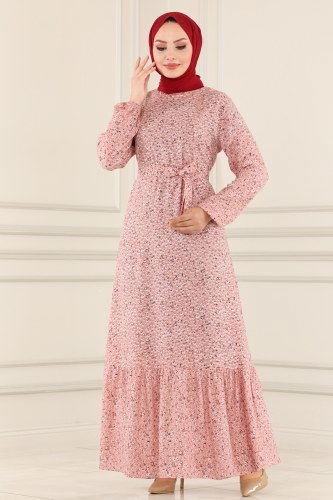 U.Z. - Çiçek Desenli Viskon Elbise 1235UZ662 Pudra