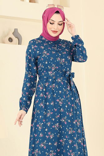 moda selvim Çiçek Desenli Viskon Elbise 4065ZNN863 İndigo - Thumbnail