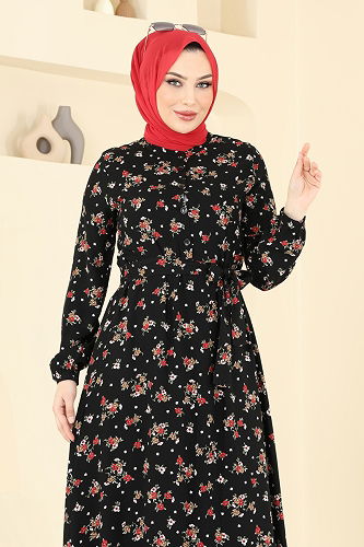 moda selvim Çiçek Desenli Viskon Elbise 4065ZNN863 Siyah - Thumbnail