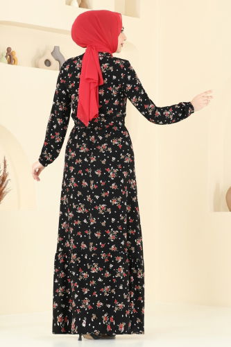 moda selvim Çiçek Desenli Viskon Elbise 4065ZNN863 Siyah - Thumbnail