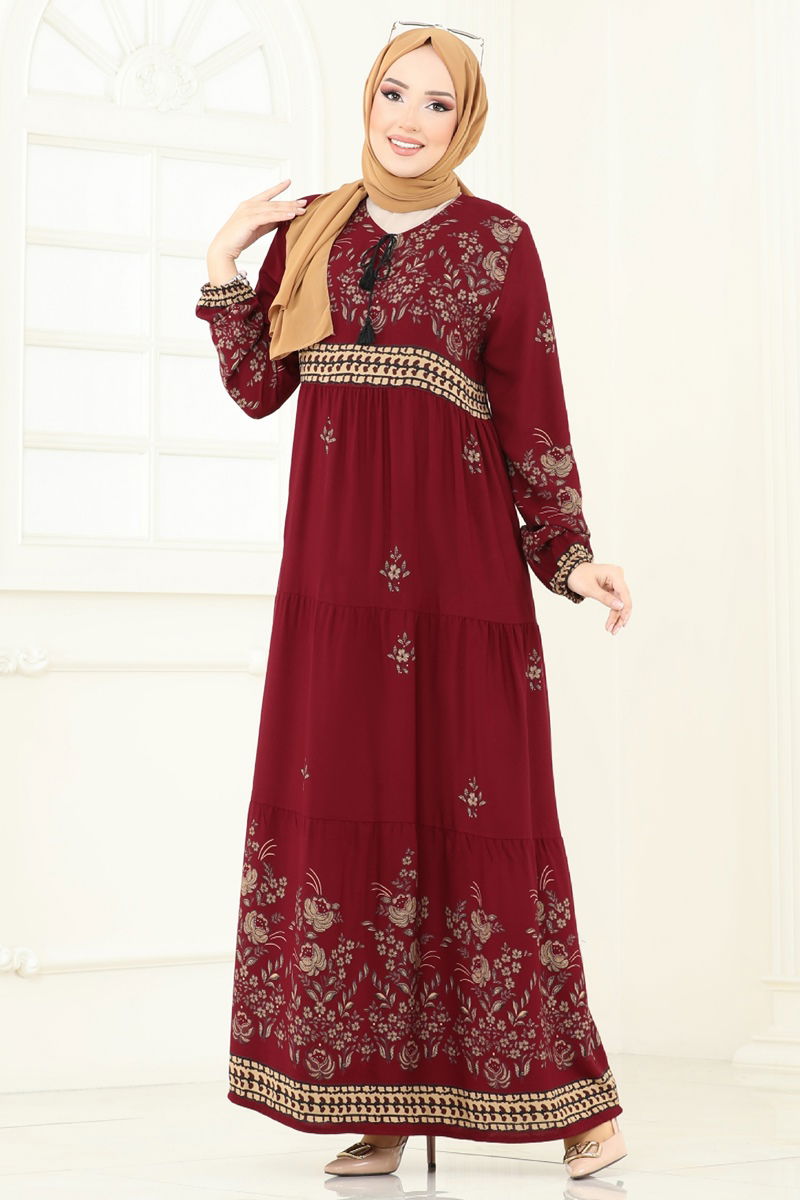 Çiçek Desenli Viskon Elbise 4096ZNNK1102 Bordo