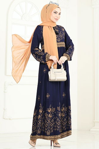 moda selvim Çiçek Desenli Viskon Elbise 4096ZNNK1102 Laci - Thumbnail