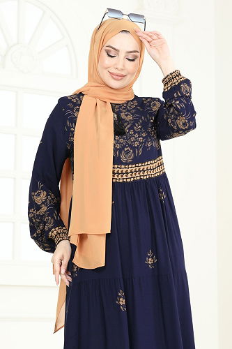 moda selvim Çiçek Desenli Viskon Elbise 4096ZNNK1102 Laci - Thumbnail