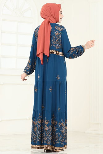 moda selvim Çiçek Desenli Viskon Elbise 4096ZNNK1102 Petrol - Thumbnail