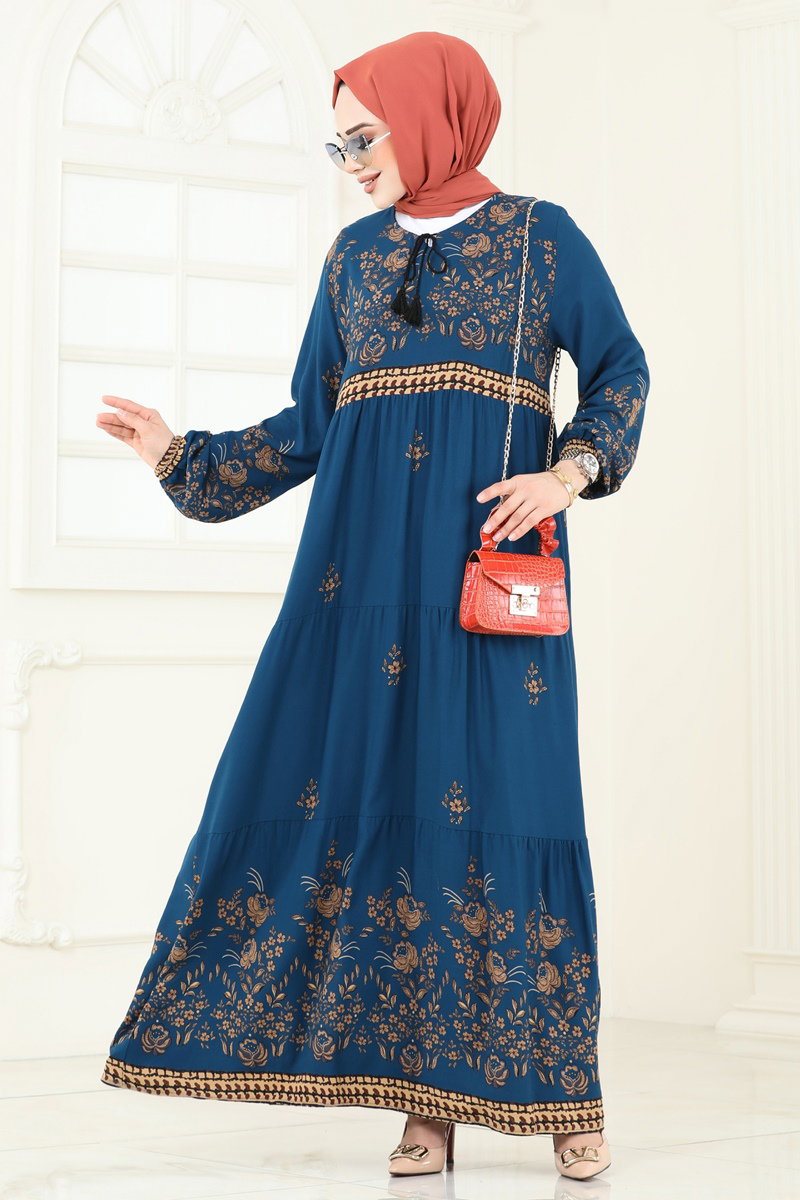 Çiçek Desenli Viskon Elbise 4096ZNNK1102 Petrol