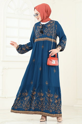 moda selvim Çiçek Desenli Viskon Elbise 4096ZNNK1102 Petrol - Thumbnail