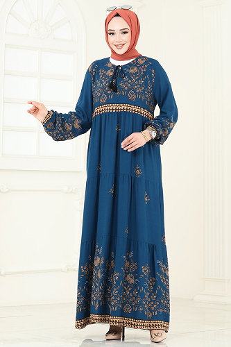 moda selvim Çiçek Desenli Viskon Elbise 4096ZNNK1102 Petrol - Thumbnail