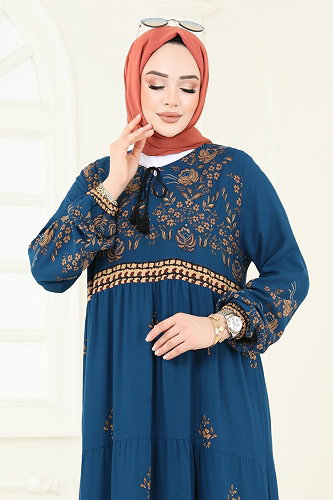 moda selvim Çiçek Desenli Viskon Elbise 4096ZNNK1102 Petrol - Thumbnail