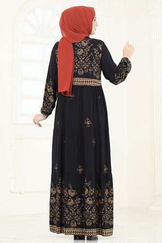moda selvim Çiçek Desenli Viskon Elbise 4096ZNNK1102 Siyah - Thumbnail