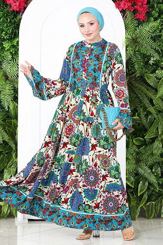 moda selvim Çiçek Desenli Viskon Elbise 7113BG354 Mavi - Thumbnail