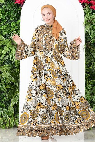 moda selvim Çiçek Desenli Viskon Elbise 7113BG354 Vizyon - Thumbnail