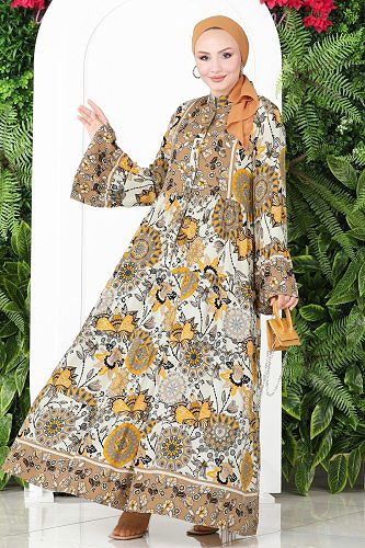 moda selvim Çiçek Desenli Viskon Elbise 7113BG354 Vizyon - Thumbnail