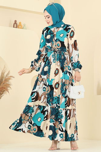 moda selvim Çiçek Desenli Viskon Elbise 7129BG354 Petrol - Thumbnail