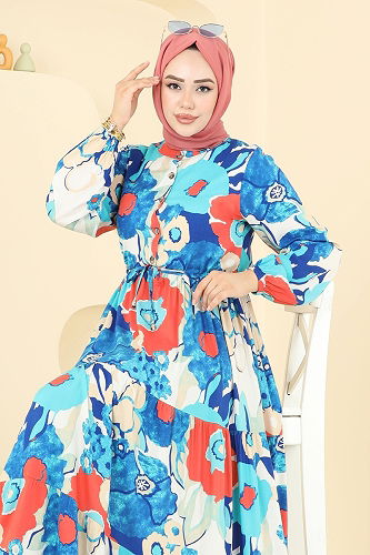 moda selvim Çiçek Desenli Viskon Elbise 7129BG354 Saks - Thumbnail