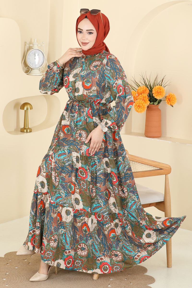 Çiçek Desenli Viskon Elbise 7157ERK1158 Haki