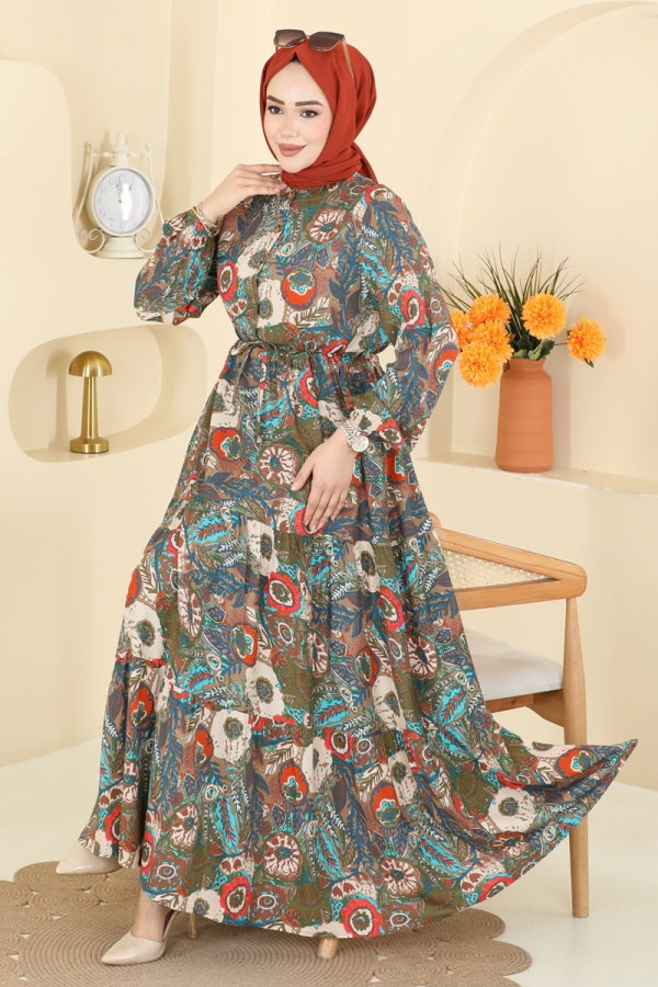 Modaselvim Elbise Çiçek Desenli Viskon Elbise 7157ERK1158 Haki
