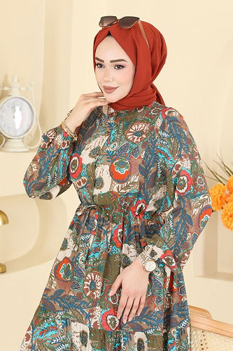 moda selvim Çiçek Desenli Viskon Elbise 7157ERK1158 Haki - Thumbnail