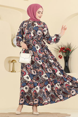 moda selvim Çiçek Desenli Viskon Elbise 7157ERK1158 Laci - Thumbnail