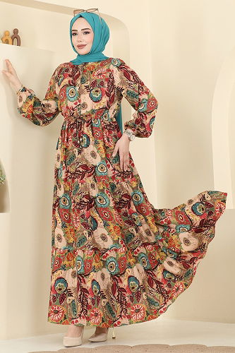 moda selvim Çiçek Desenli Viskon Elbise 7157ERK1158 Turkuaz - Thumbnail