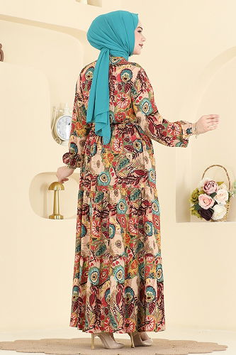 moda selvim Çiçek Desenli Viskon Elbise 7157ERK1158 Turkuaz - Thumbnail