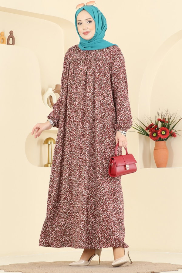 Modaselvim Elbise Çiçek Desenli Viskon Elbise 7161ERK1158 Bordo