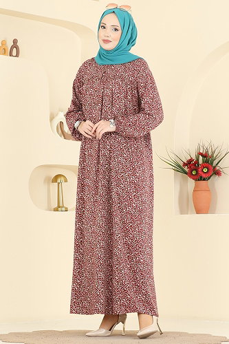 moda selvim Çiçek Desenli Viskon Elbise 7161ERK1158 Bordo - Thumbnail