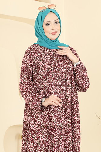 moda selvim Çiçek Desenli Viskon Elbise 7161ERK1158 Bordo - Thumbnail