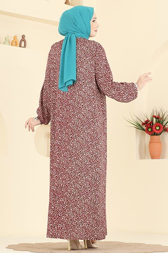 moda selvim Çiçek Desenli Viskon Elbise 7161ERK1158 Bordo - Thumbnail