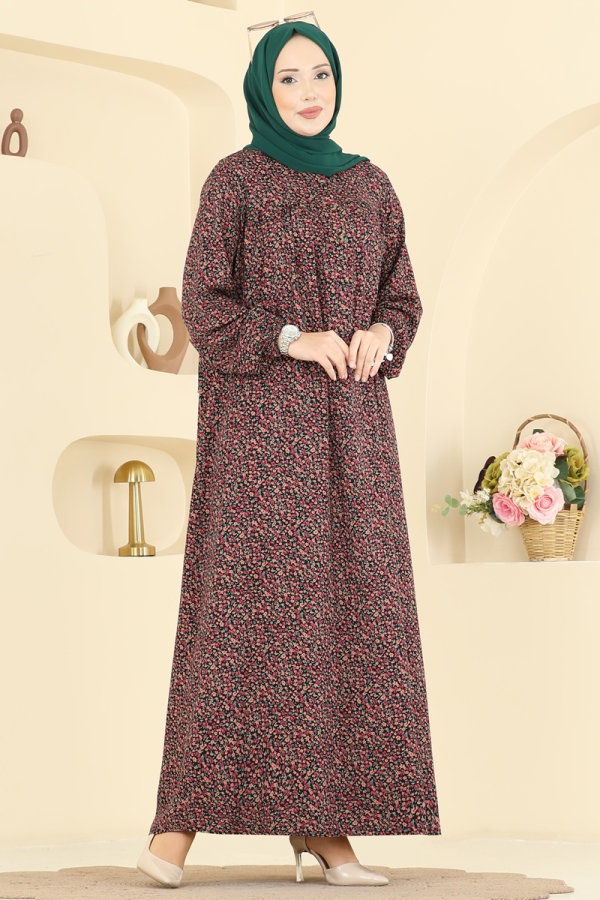 Modaselvim Elbise Çiçek Desenli Viskon Elbise 7161ERK1158 Gül Kurusu&Siyah