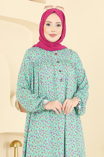 moda selvim Çiçek Desenli Viskon Elbise 7161ERK1158 Mavi - Thumbnail