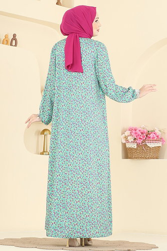 moda selvim Çiçek Desenli Viskon Elbise 7161ERK1158 Mavi - Thumbnail