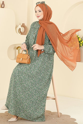 moda selvim Çiçek Desenli Viskon Elbise 7161ERK1158 Mint - Thumbnail