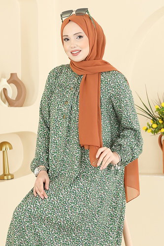 moda selvim Çiçek Desenli Viskon Elbise 7161ERK1158 Mint - Thumbnail