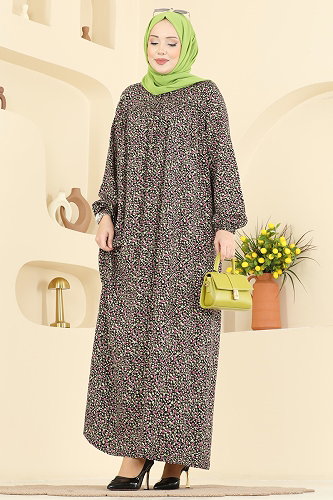 moda selvim Çiçek Desenli Viskon Elbise 7161ERK1158 Siyah - Thumbnail