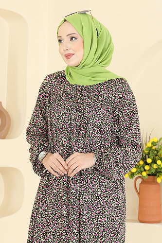 moda selvim Çiçek Desenli Viskon Elbise 7161ERK1158 Siyah - Thumbnail