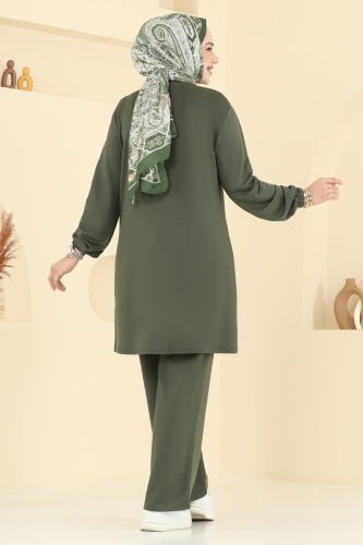 moda selvim Çiçek Detay İkili Takım 2706AYD574 Haki - Thumbnail