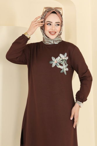 moda selvim Çiçek Detay İkili Takım 2706AYD574 Kahve - Thumbnail