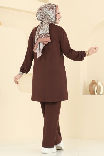 moda selvim Çiçek Detay İkili Takım 2706AYD574 Kahve - Thumbnail