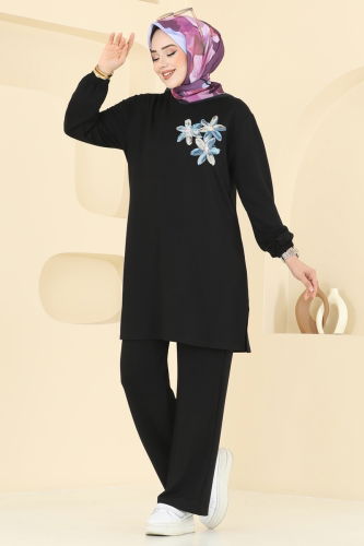 moda selvim Çiçek Detay İkili Takım 2706AYD574 Siyah - Thumbnail