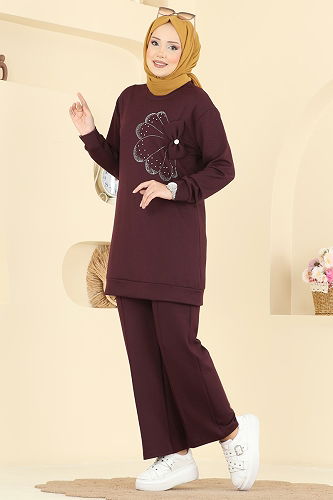 moda selvim Çiçek Detay Modal Takım 2726AYD574 Bordo - Thumbnail