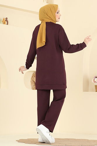 moda selvim Çiçek Detay Modal Takım 2726AYD574 Bordo - Thumbnail