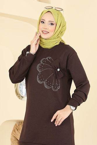 moda selvim Çiçek Detay Modal Takım 2726AYD574 Kahve - Thumbnail