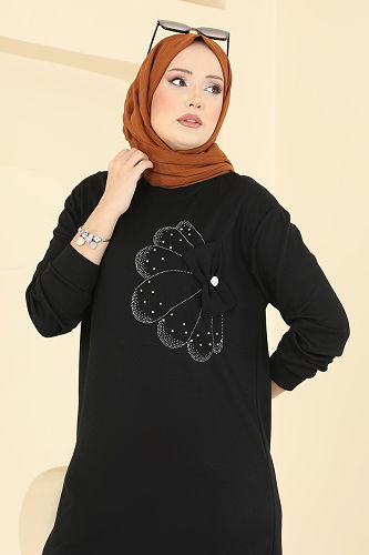 moda selvim Çiçek Detay Modal Takım 2726AYD574 Siyah - Thumbnail