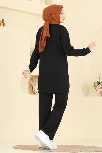 moda selvim Çiçek Detay Modal Takım 2726AYD574 Siyah - Thumbnail