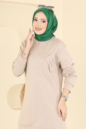 moda selvim Çiçek Detay Modal Takım 2726AYD574 Taş - Thumbnail